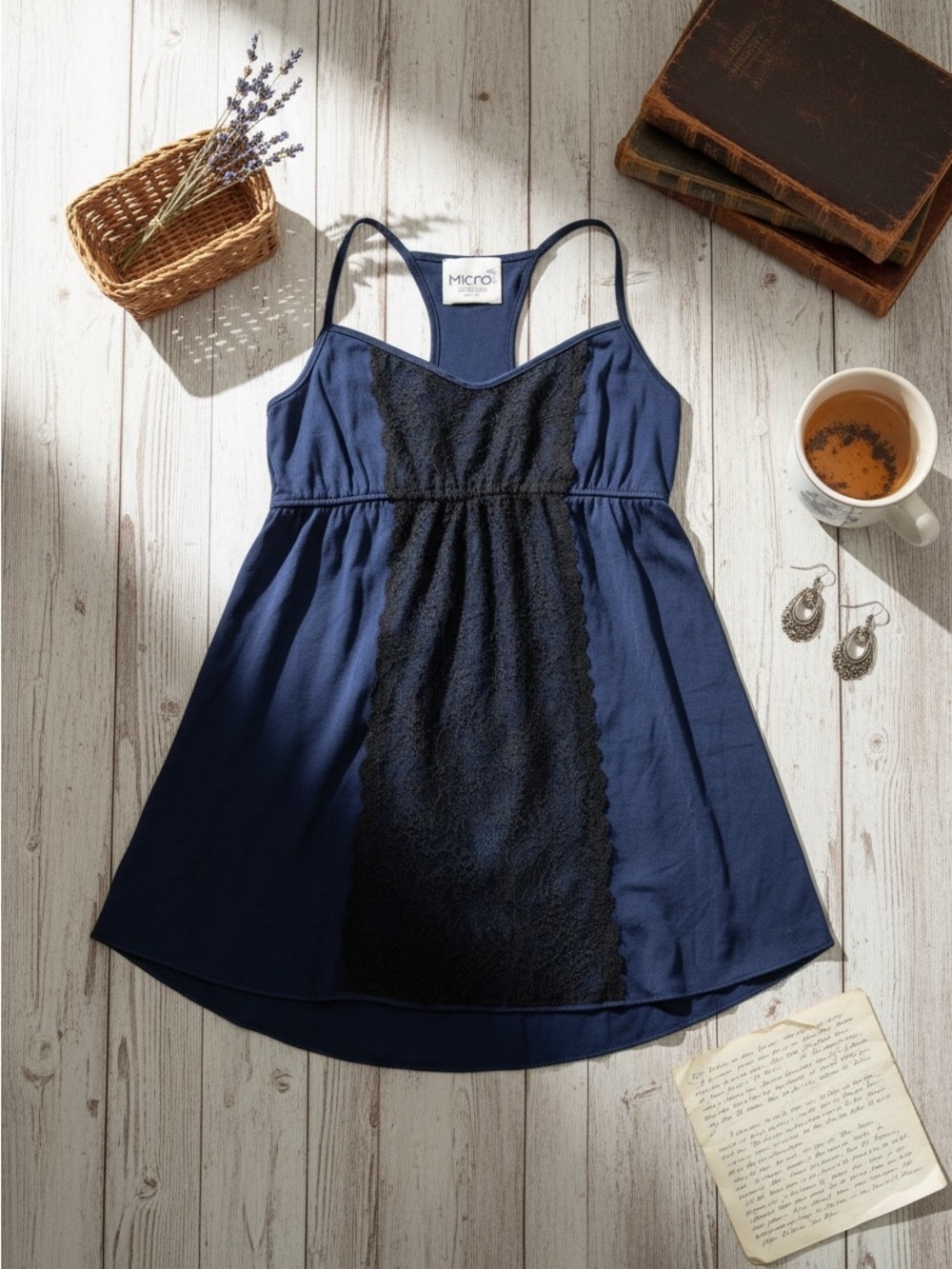 Kirra Navy Blue Lace-Panel Chemise